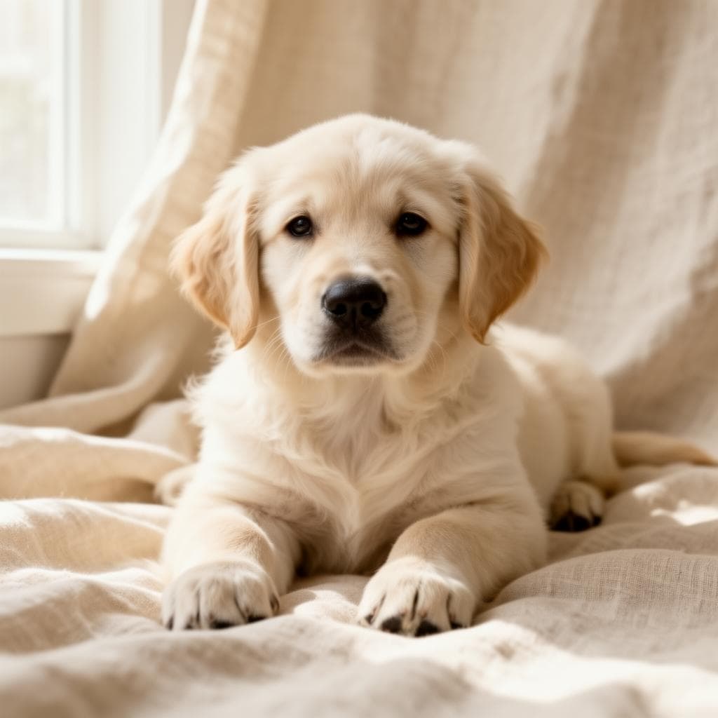 A cream golden retriever puppy resting on linen