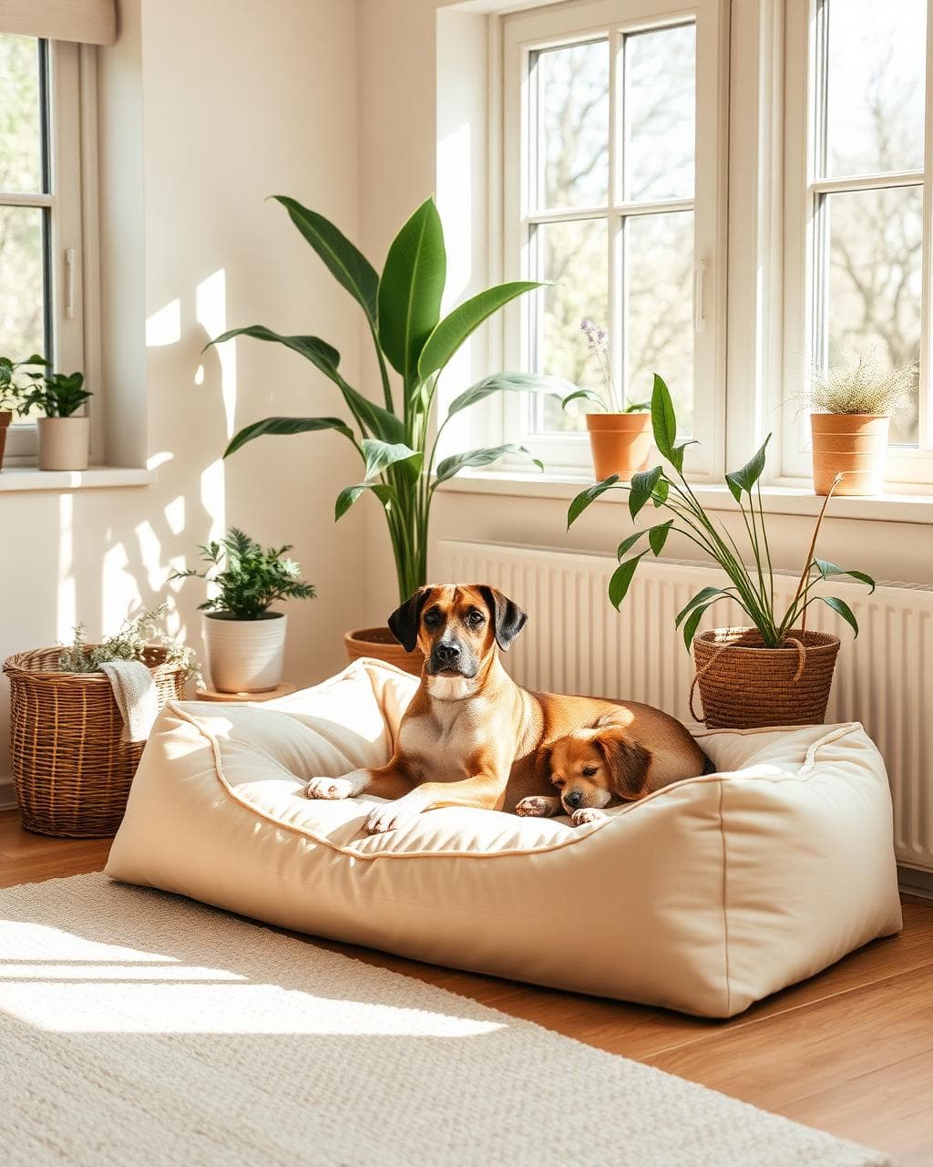 A sunlit room with a soft dog bed and house plants